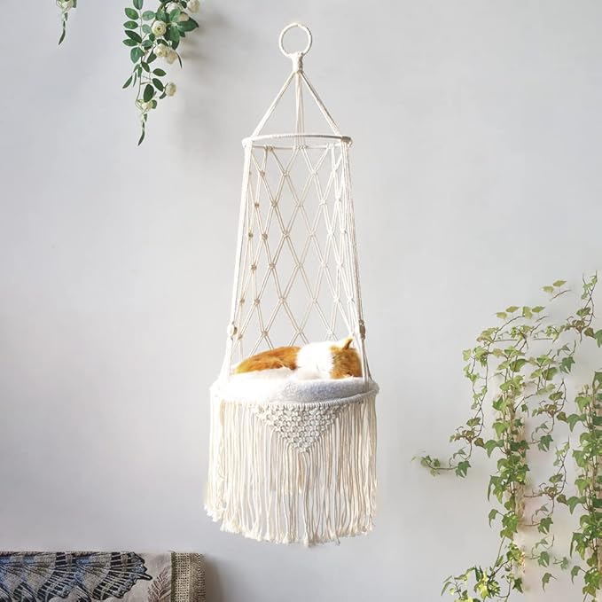 Macrame Cat Hammock Bed, Hanging Indoor Cat Bed, Ceiling Catio Swing for Playing Sleeping Climbing and Lounging