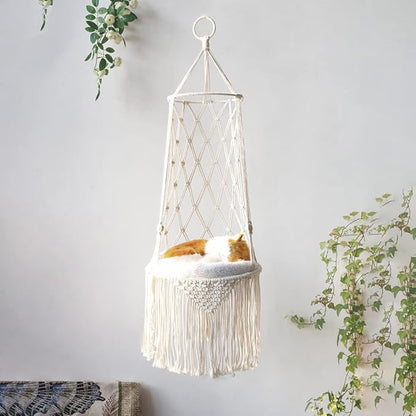Macrame Cat Hammock Bed, Hanging Indoor Cat Bed, Ceiling Catio Swing for Playing Sleeping Climbing and Lounging