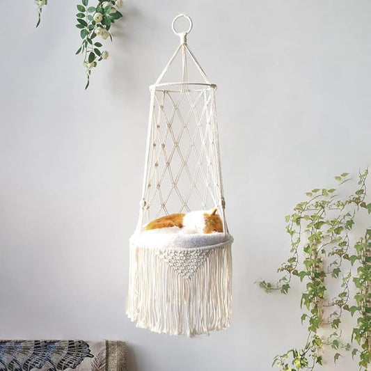 Macrame Cat Hammock Bed, Hanging Indoor Cat Bed, Ceiling Catio Swing for Playing Sleeping Climbing and Lounging