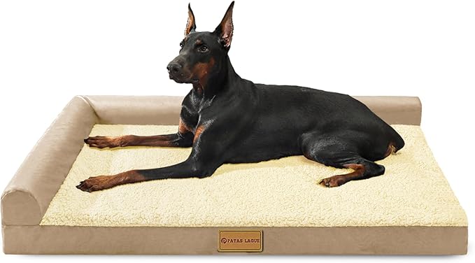 Patas Lague Orthopedic Jumbo Dog Bed for Extra Large Dogs 56''X40'', Waterproof L Bolster Pet Sofa Beds with Removable Washable Cover, Soft Comfortable Pet Couch Crate Mat with Nonskid Bottom, Cream