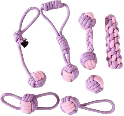 Dog Rope Toys, 7 Piece Cotton Teething and Chewing Set, Purple and Pink (Picture Color)