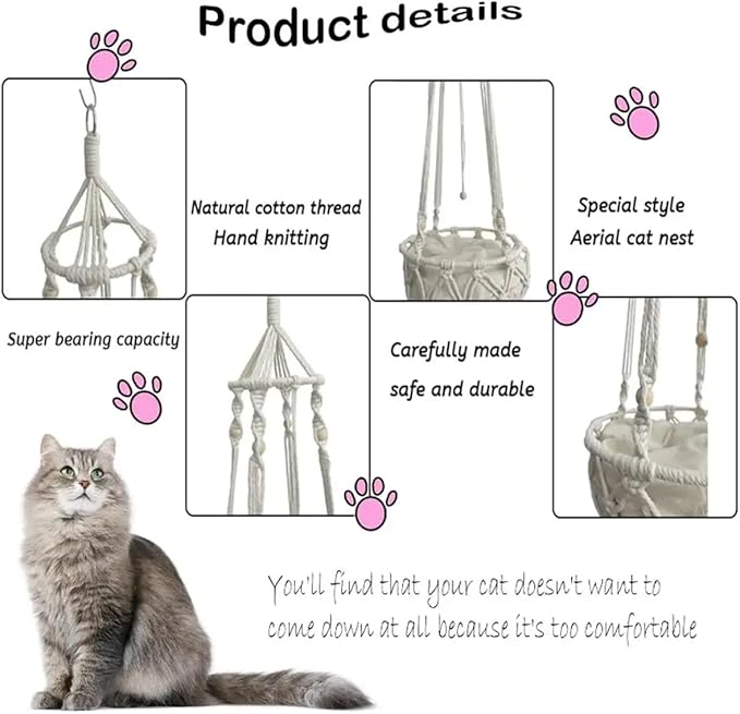 Cat Hammock Bed,Handwoven Hanging Boho Cat Bed with Hanging Kit for Indoor Outdoor Home Decor Ceiling Catio Swing for Playing Sleeping Climbing and Lounging(16.14x43.3in)