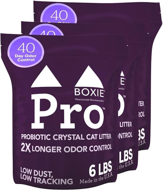 Boxie® Probiotic Unscented Crystal Cat Litter, 40-Day Odor Control, 18lb (3 Pack of 6lb Bags), Non-Clumping, Dust-Free, Lightweight