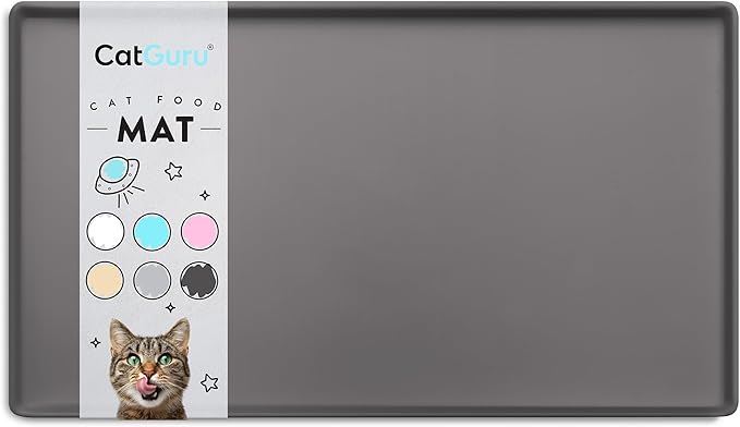 CatGuru Cat Food Mat, Small & Large Feeding Mats, 100% Waterproof Silicone Pet Placemat, Non-Slip Cat Food and Water Bowl or Water Fountain (Large, Carbon)