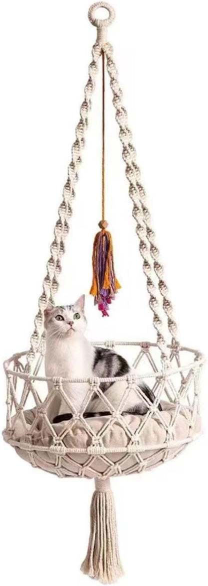 Cat Swing, 49 Inch Hanging Cat Bed with Cotton Mat, Boho Style Hammock with Tassel, Space Saving Hammock Bed for Sleeping, Playing, and Lounging, Hammocks