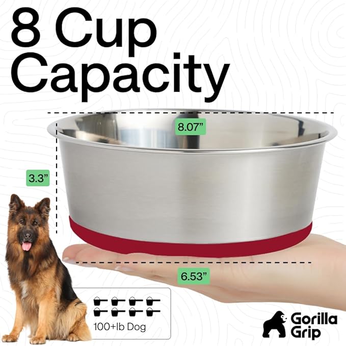 GORILLA GRIP Dog Bowls, Food Grade 304 Stainless Steel, Holds 8 Cups Each (64 fl oz) Food and Water Bowl for Feeding Dogs and Cats, Dishwasher Safe, Rust Resistant, BPA Free Rubber Base Set of 2 Red