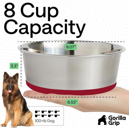 GORILLA GRIP Dog Bowls, Food Grade 304 Stainless Steel, Holds 8 Cups Each (64 fl oz) Food and Water Bowl for Feeding Dogs and Cats, Dishwasher Safe, Rust Resistant, BPA Free Rubber Base Set of 2 Red