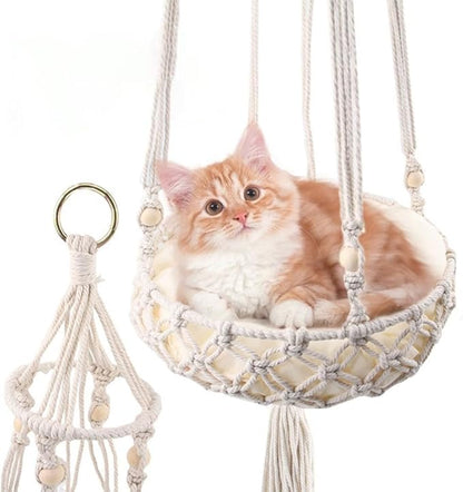 Cat Hammock Bed, 12x43Inch Handwoven Hanging Boho Cat Bed with Hanging Kit for Indoor Outdoor Home Decor Ceiling Swing for Playing Sleeping Climbing and Lounging, Wall Furniture (Triangle)