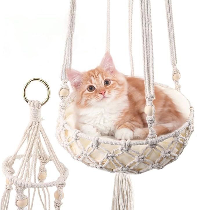 Cat Hammock Bed, 12x43Inch Handwoven Hanging Boho Cat Bed with Hanging Kit for Indoor Outdoor Home Decor Ceiling Swing for Playing Sleeping Climbing and Lounging, Wall Furniture (Round+Pad)
