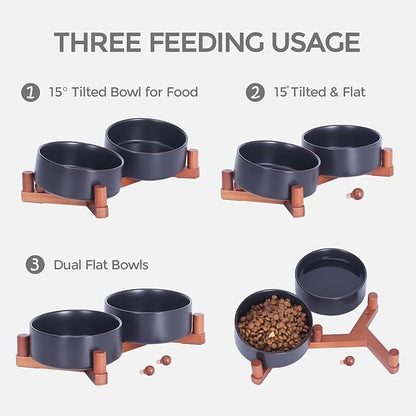 Ceramic Dog Bowl and Cat Bowls Set with 15° Adjustable Wood Stand, Non-Slip Weighted Pet Food and Water Bowls, Dual Raised Feeder for Small Dogs, Matte Glaze Pet Dish 13.5oz Set of 2 (Matte Black)