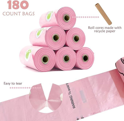 Dog Poop Bags Holder with LED Flashlight|Pet Waste Bags Dispenser for Leash|Doggie Potty Bags Container with Leak-proof Pet Trash Bags and Accessories (1 Holder 195 Bags, Pink)
