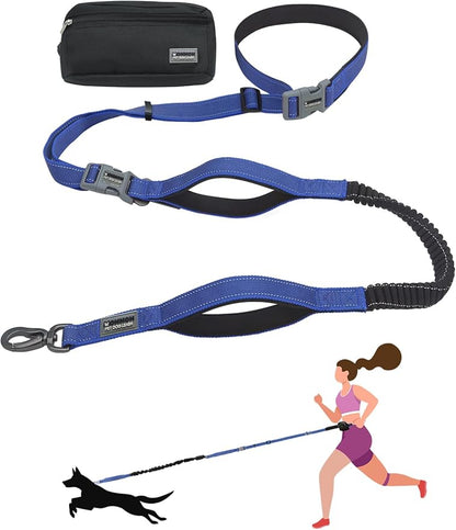 Hands Free Dog Leash with Zipper Pouch & Waist Belt – Reflective Durable Bungee Leash with Dual Padded Handles for Walking, Jogging & Running, Fits Small to Large Dogs (Blue)
