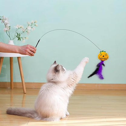Halloween Cat Toys 4 PCS,Pumpkin Feather Cat Toys,Funny Spooky Kitten Interactive Plush Chew Toys for Halloween Thanksgiving Christmas Party Cat Teeth Cleaning Accessories