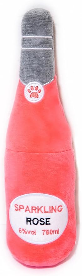 Glow Pups Rose Puppy Toy, Wine Dog Toy with Squeaker, Fun Alcohol Parody Plush Toy for Dogs, Ultra-Soft Microfiber, Interactive Play, Pink