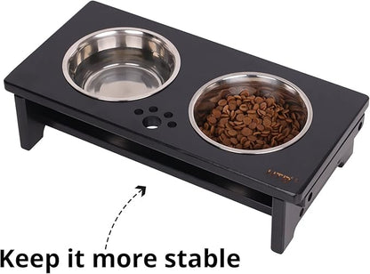 HTB Elevated Dog Bowls, Raised Dog Bowl Stand with 2 Stainless Steel Bowls, Elevated Raised Dog Bowls for Large Medium Small Sized Dogs- Black Small