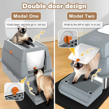 Vivifying Stainless Steel Litter Box with Lid, XL Front Entry Enclosed Extra Large Litter Box for Big Cats & Kitty, Top Exit Metal Cat Pan with Scoop, Mat, Trapping Step, Charcoal Filter (Gray)