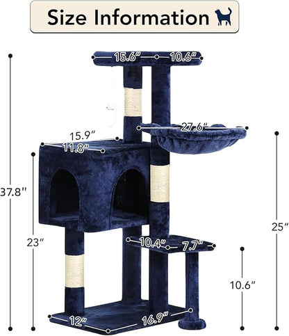 BestPet | 37" Cat Tree Tower | Navy Blue | Sturdy Multi-Level Cat Tree with Plush Condo, Cozy Perch, Sisal Scratching Posts, Hanging Toy and Hammock | Easy Assembly | for Kittens & Adult Cats
