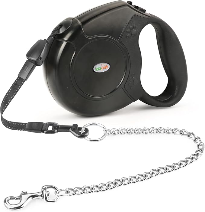 Idepet Heavy Duty Retractable Dog Leash for Small and Medium Dogs, Anti-Chewing Steel Chain Design,360 DegreeTangle-Free,Break and Lock System,26ft Leash Dog Walking (Black, Round Rope)
