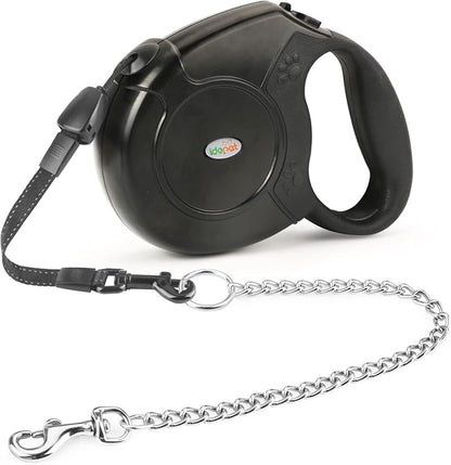 Idepet Heavy Duty Retractable Dog Leash for Small and Medium Dogs, Anti-Chewing Steel Chain Design,360 DegreeTangle-Free,Break and Lock System,26ft Leash Dog Walking (Black, Round Rope)