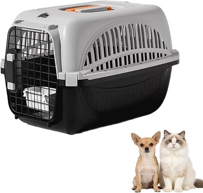 Dog and Cat Kennel Hard Sided, Pet Carrier for Mini Dogs and Cats, Portable Crate with Steel Wire Door, Water Bowl and Urine Separator for Car, Airplane, Outdoor (Black)