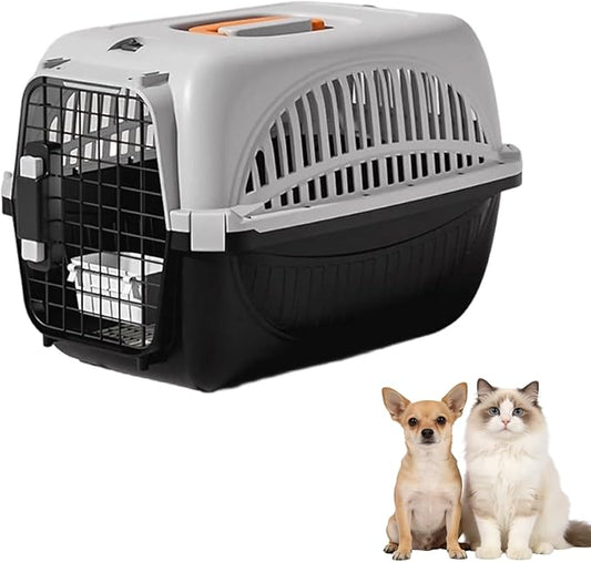 Dog and Cat Kennel Hard Sided, Pet Carrier for Mini Dogs and Cats, Portable Crate with Steel Wire Door, Water Bowl and Urine Separator for Car, Airplane, Outdoor (Black)