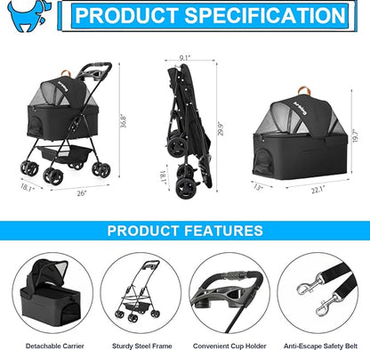 3-in-1 Pet Stroller for Small Dogs and Cats, Folding Lightweight Dog Stroller with Detachable Carrier Portable Cat Puppy Jogging Stroller with Cup Holder and Storage Basket, 4 Wheels
