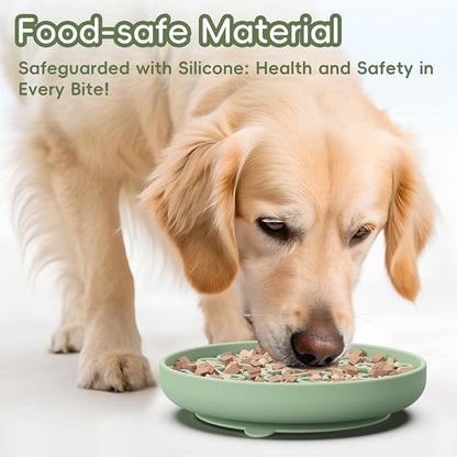 Silicone Slow Feeder Dog Bowl – Green Bone Pattern | Food-Grade Non-Slip Dog Dish for Anti-Bloat, Fast Eating Prevention, 7.5” x 1.5”, Dishwasher Safe