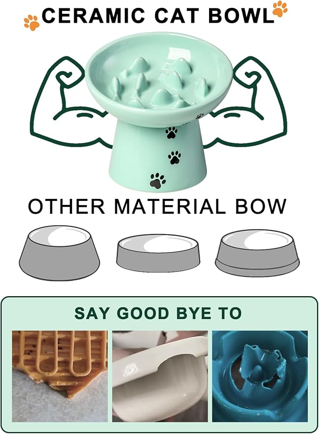 Y YHY Slow Feeder Cat Bowl, Ceramic Cat Slow Feeder Bowl, 6 Inches, Elevated, Anti Vomiting for Dry and Wet Food, Green