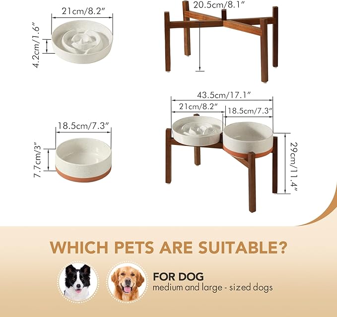 Ceramic 1.6 Cup Raised Slow Feeder Dog Bowl Set, Elevated 7.3inch Bowl and 8.2inch Dish with Acacia Wood Stand for Medium and Large Dogs(2 x Vanilla White+ Stand)