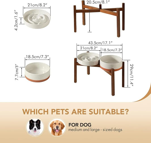 Ceramic 1.6 Cup Raised Slow Feeder Dog Bowl Set, Elevated 7.3inch Bowl and 8.2inch Dish with Acacia Wood Stand for Medium and Large Dogs(2 x Vanilla White+ Stand)