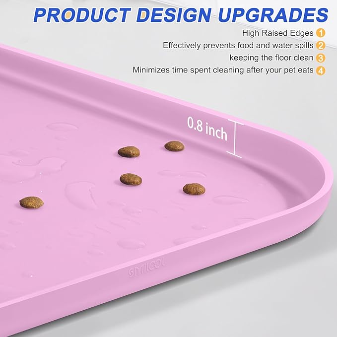 Silicone Pet Feeding Mat with Raised Edge for Food and Water, Dog Bowl Mats, Cat Bowls Placemat with High Lip for Floor Waterproof, Rubber Tray for Cats and Dogs 24 x 16 x0.8 Light Pink