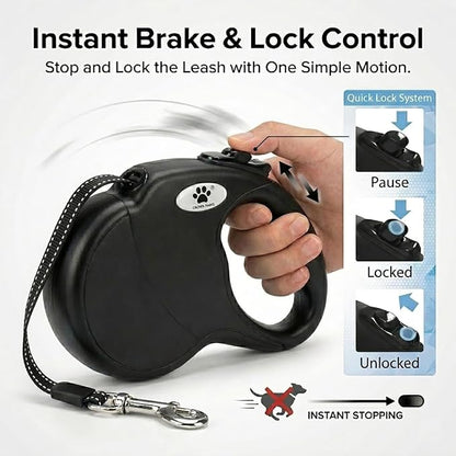 16ft Retractable Dog Leash for Large Breed Dogs up to 110 lbs with a Detachable Chew Proof Extender Wire Ropes (Black L)