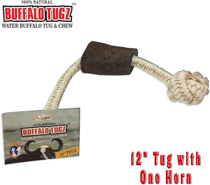 QT Dog 12” Water Buffalo Horn Rope Toy - Long-Lasting All-Natural Dog Chew, Ethically Sourced, Protein-Packed & Low Fat Dental Chews, Ideal for All Breeds & Aggressive Chewers - Cotton Rope