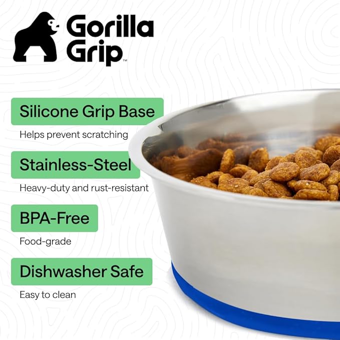 GORILLA GRIP Dog Bowls, Food Grade 304 Stainless Steel, Holds 6 Cups Each (48 fl oz) Food and Water Bowl for Feeding Dogs and Cats, Dishwasher Safe, Rust Resistant, BPA Free Rubber Base Set of 2 Blue