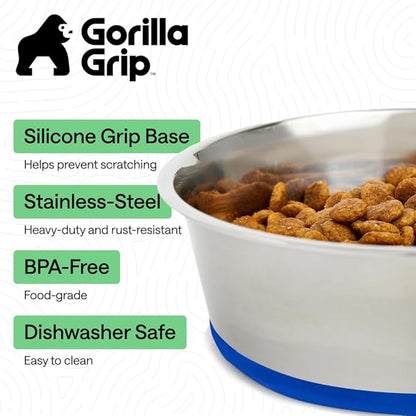 GORILLA GRIP Dog Bowls, Food Grade 304 Stainless Steel, Holds 6 Cups Each (48 fl oz) Food and Water Bowl for Feeding Dogs and Cats, Dishwasher Safe, Rust Resistant, BPA Free Rubber Base Set of 2 Blue