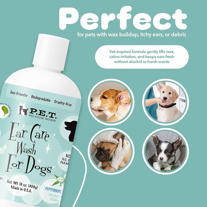 P.E.T. Ear Care Wash for Dogs & Cats — 0% Alcohol & Fragrance-Free Formula — Loosens Wax, Removes Debris, Neutralizes Odor & Soothes with Aloe & Oat — No-Rinse, Vet-Style Application — 16 oz