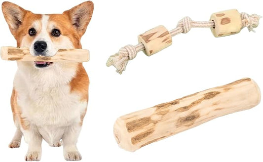 Natural coffee wood, Large Dog Chew Toy Set（1Throwing and chewing on the rope knot toy+1Coffee wood chewing stick）. Sturdy and Durable, Fun and Healthy, It Is the Ideal Toy Exclusively for Dogs