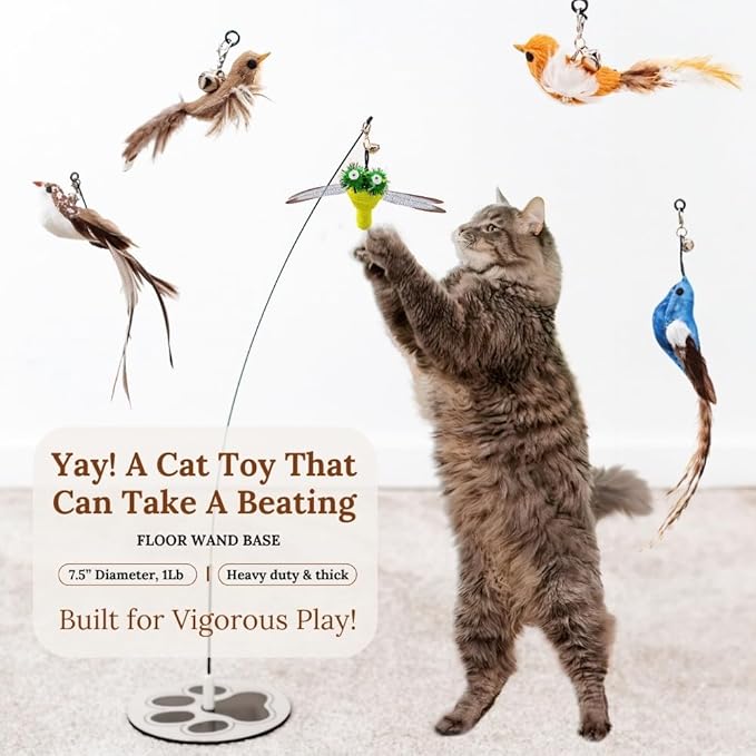 Interactive Cat Toys for Bored Indoor Adult Felines - Any Surface Base Teaser Wand - Feather Stimulation Activity - Bird Simulation Self Play Kitten Enrichment Solo Exercise - Juguetes para Gatos