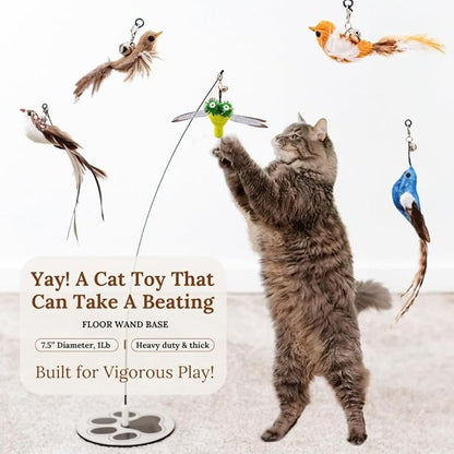 Interactive Cat Toys for Bored Indoor Adult Felines - Any Surface Base Teaser Wand - Feather Stimulation Activity - Bird Simulation Self Play Kitten Enrichment Solo Exercise - Juguetes para Gatos