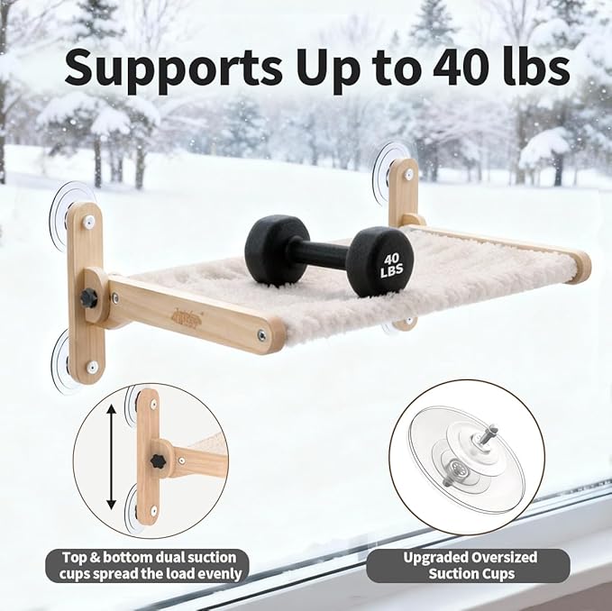 LuLu's World Cat Window Perch for Large Cats Inside - Foldable Solid Wood Cat Hammock with Ultra-Thick Faux Rabbit Fur, Sturdy Window Seat Holds 40lbs, Space Saving & Washable (Natural Wood)