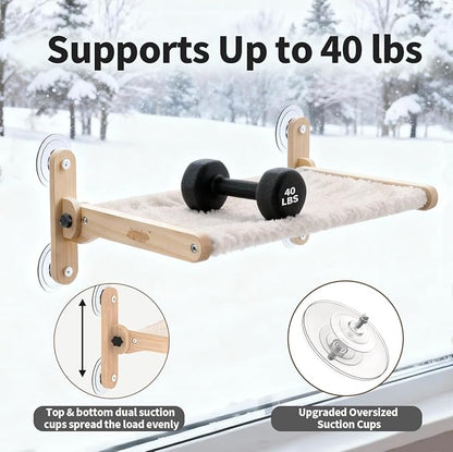 LuLu's World Cat Window Perch for Large Cats Inside - Foldable Solid Wood Cat Hammock with Ultra-Thick Faux Rabbit Fur, Sturdy Window Seat Holds 40lbs, Space Saving & Washable (Natural Wood)