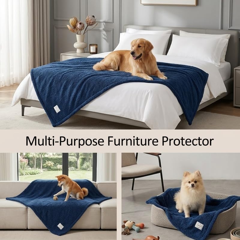 Navy Blue Dog Blanket for Pets Reversible Fluffy Pet Bed Cover Mats Waterproof Puppy Blankets Leakproof Sofa Couch Washable Cover Cat Pet Blanket for Warm-Navy Blue,M - Image 5