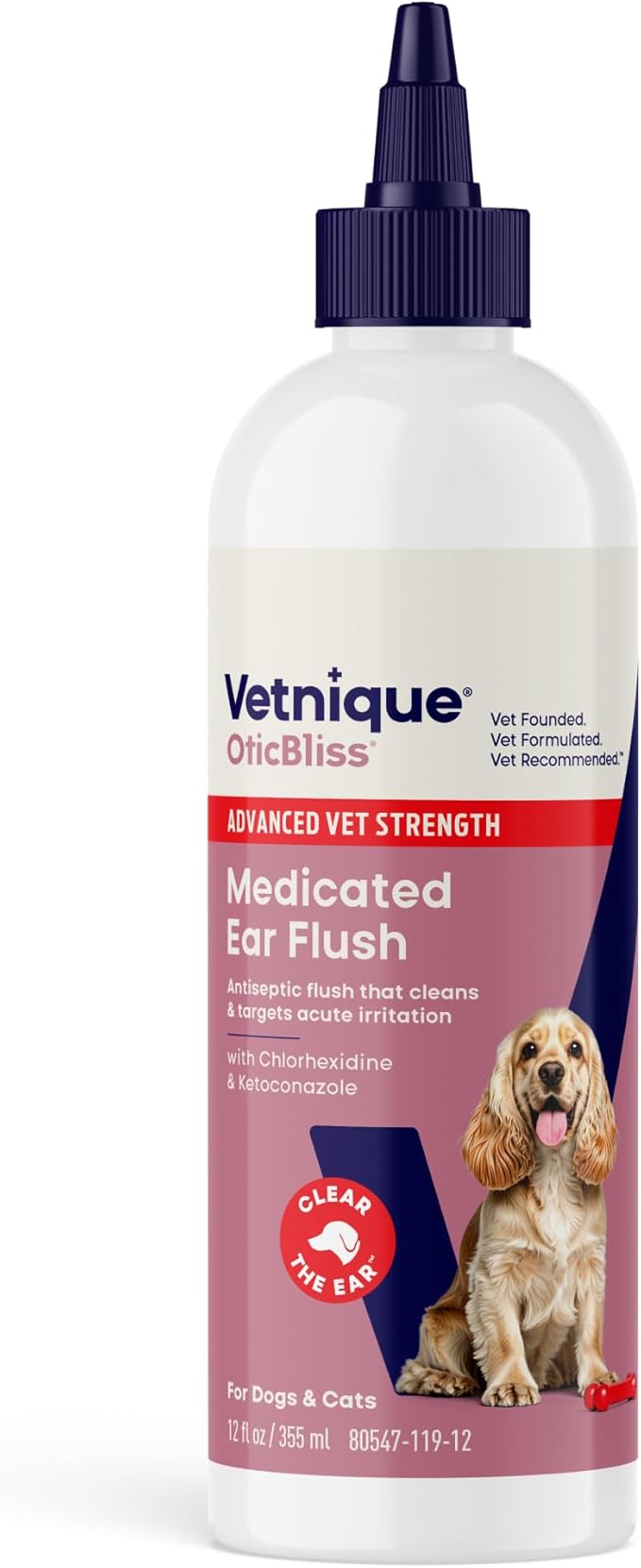 Vetnique Oticbliss Advanced Strength Dog Ear Infection Treatment Flush, Antiseptic Cat & Dog Ear Cleaner Solution Medicated with Chlorhexidine & Ketoconazole Helps with Ear Yeast (12oz Flush)