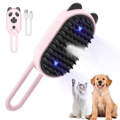 Cat Steam Brush for Shedding, 3-in-1 Rechargeable Pet Steaming Tool for Cats and Dogs, Misting Grooming Brush for Removing Loose Hair Tangled and Flying Fur, Skin-Friendly Silicone Bristles Pink