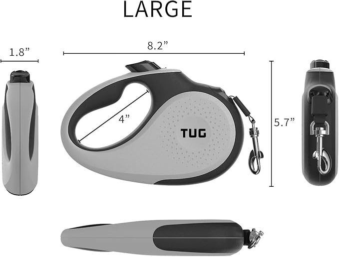 TUG 360° Tangle-Free Retractable Dog Leash with Waste Bag Dispenser (Large, Grey)