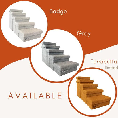 5-Step Dog Stairs for Small, Medium Dogs with Storage Box - Durable Folding Pet Steps, Padded Lid and Container; Dog Steps for Bed and Couch + Hair Brush Gift (Terracotta, Large, 5.0)