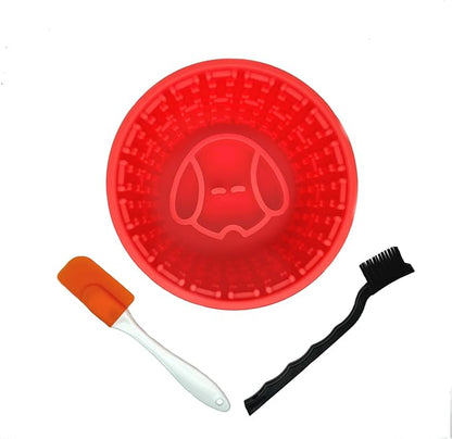 Silicone Enrichment Slow Feeder Dog Bowl for Medium & Large Dogs, Anti-Gulping Slow Eating Dog Bowl with Suction Base, Includes Brush & Spatula (Red)
