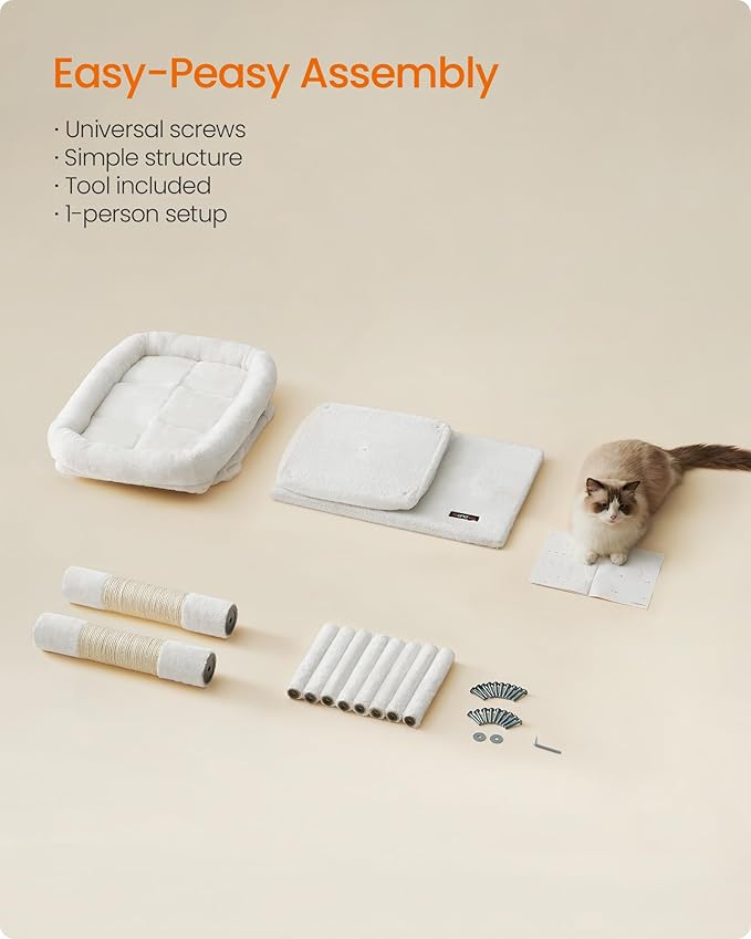 Feandrea Cat Tree, 33.1-Inch Cat Tower, Plush Condo for Large Cats up to 16 lb, Large Perch, 2 Caves, Scratching Post, Cream White UPCT061T01