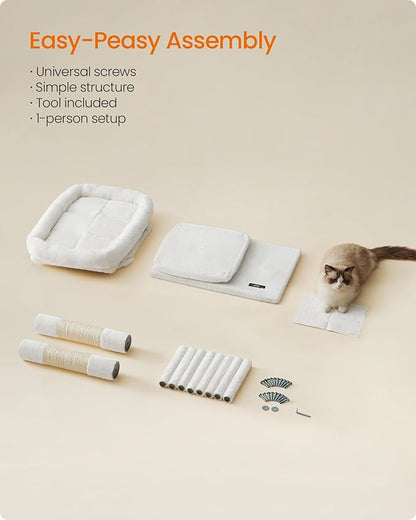 Feandrea Cat Tree, 33.1-Inch Cat Tower, Plush Condo for Large Cats up to 16 lb, Large Perch, 2 Caves, Scratching Post, Cream White UPCT061T01