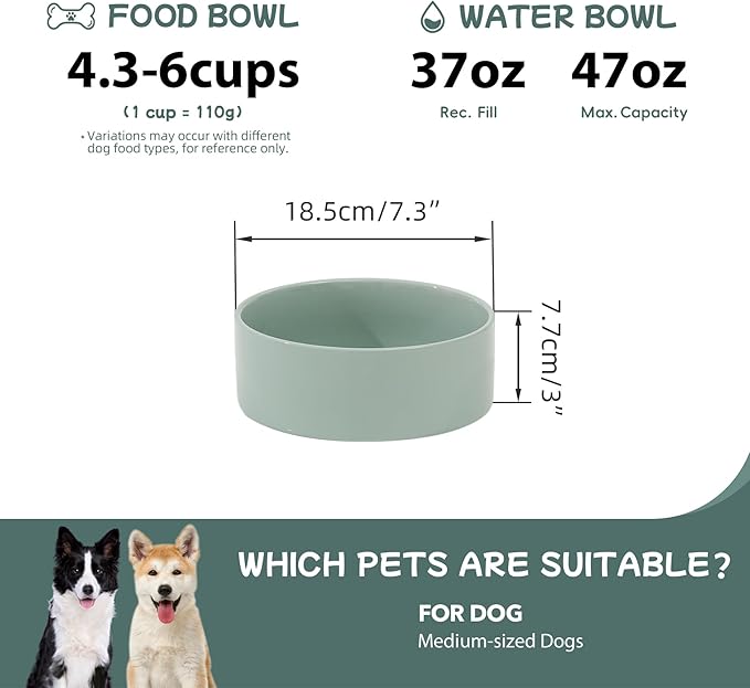 Ceramic 7.3inch Dog Bowl, Food and Water Bowl for Medium Breed Dog, Pet Feeder for Replacement (Single Bowl, Light Green)